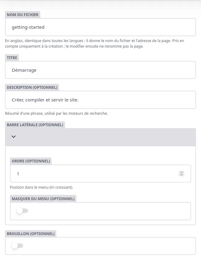 Champs du formulaire : titre, description, barre latérale, brouillon