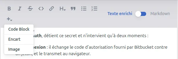 Menu d’insertion : Code Block, Encart, Image