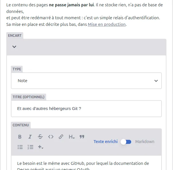 Bloc Encart : type, titre et contenu