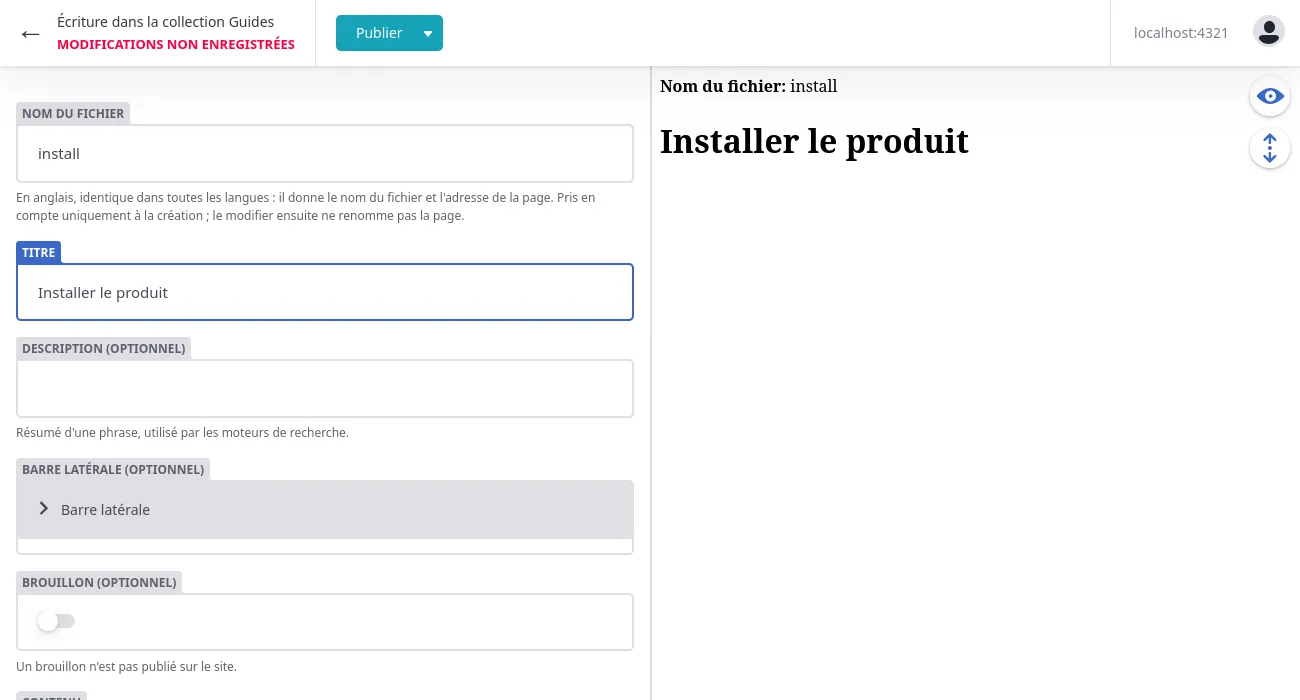 Formulaire de création d’une nouvelle page