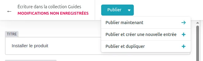 Menu Publier : publier maintenant, publier et créer, publier et dupliquer