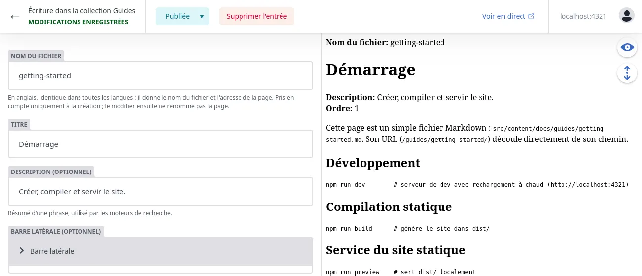 La page Démarrage dans la collection Guides, avec le nom de fichier getting-started