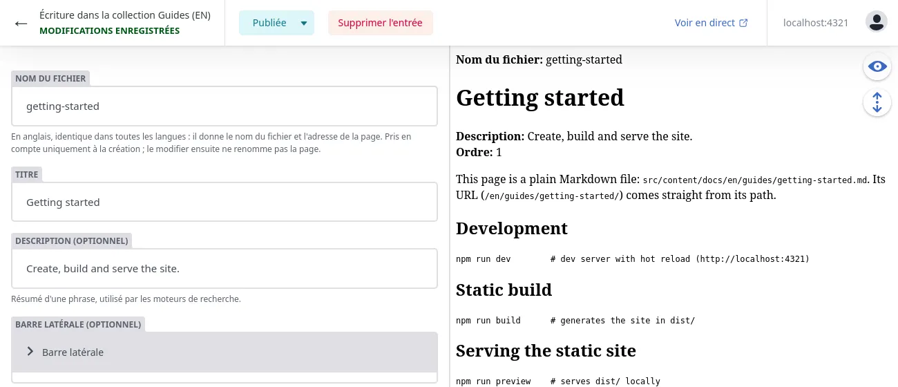 La page Getting started dans la collection Guides (EN), avec le même nom de fichier